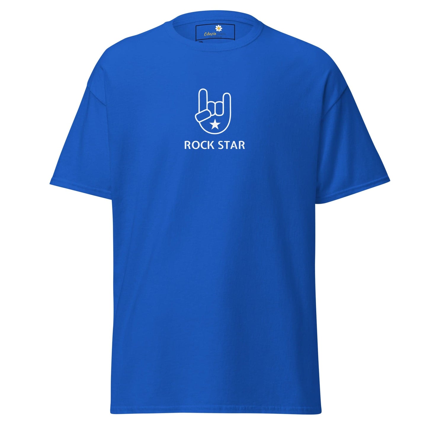 Blue t-shirt with rock star graphic.
