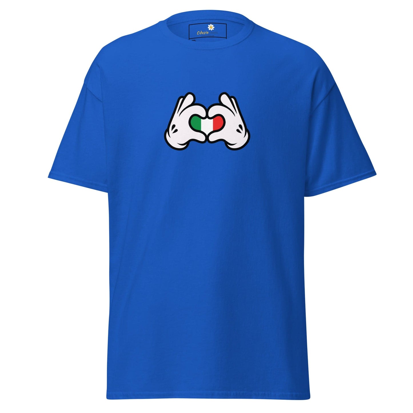 Blue t-shirt with heart-shaped hands.
