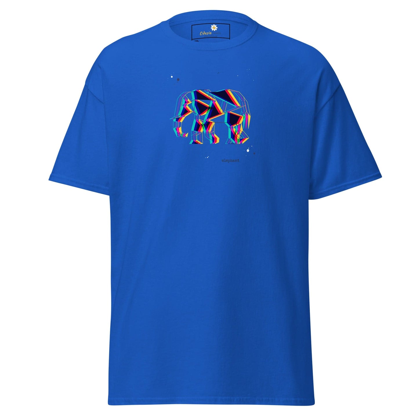 Blue t-shirt with geometric elephant design.