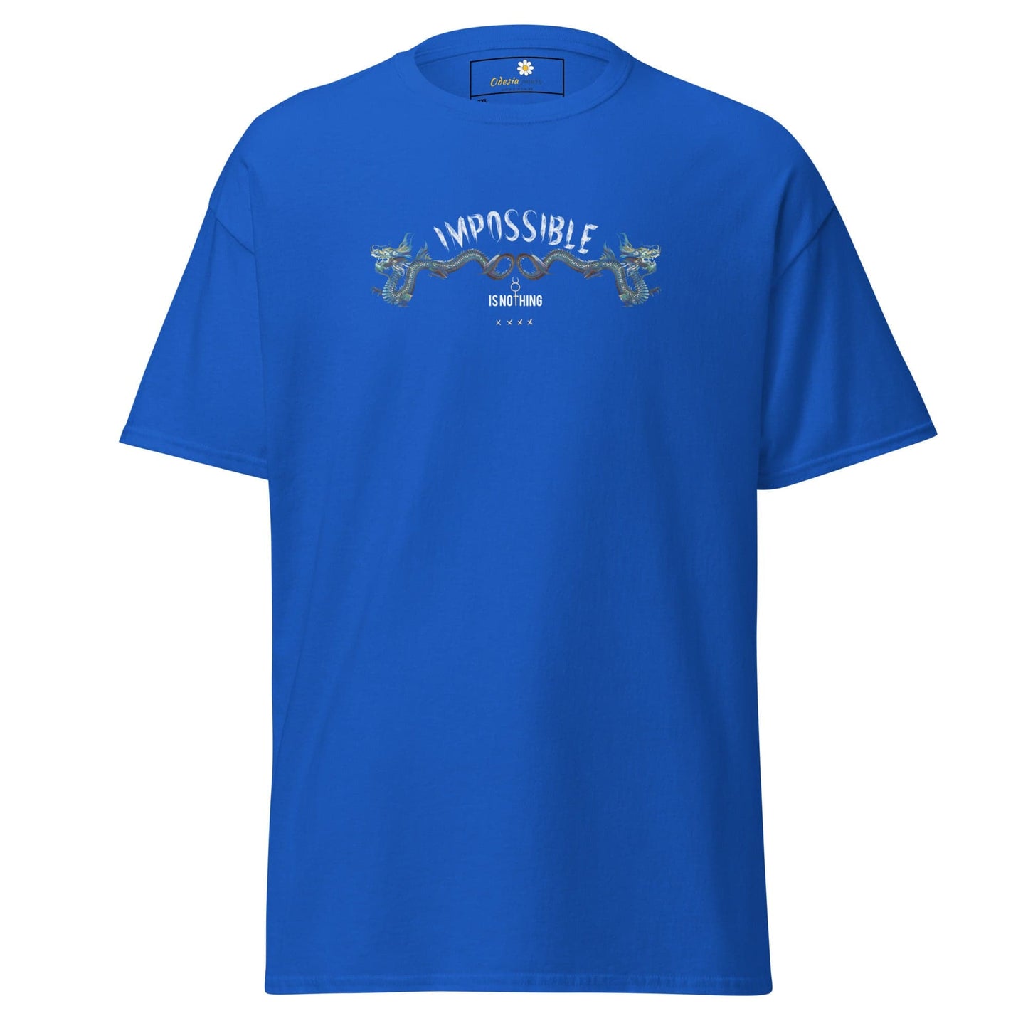 Blue t-shirt with dragon design.