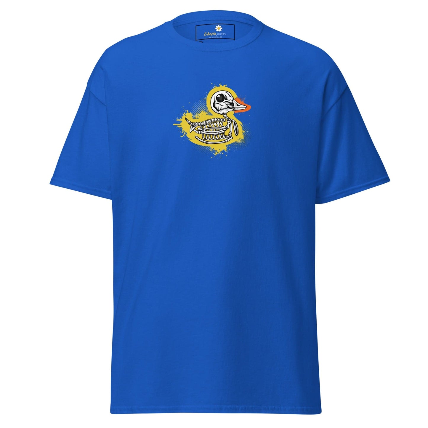 Blue T-shirt with skeleton duck graphic for men and women in sizes 2XL to 5XL
