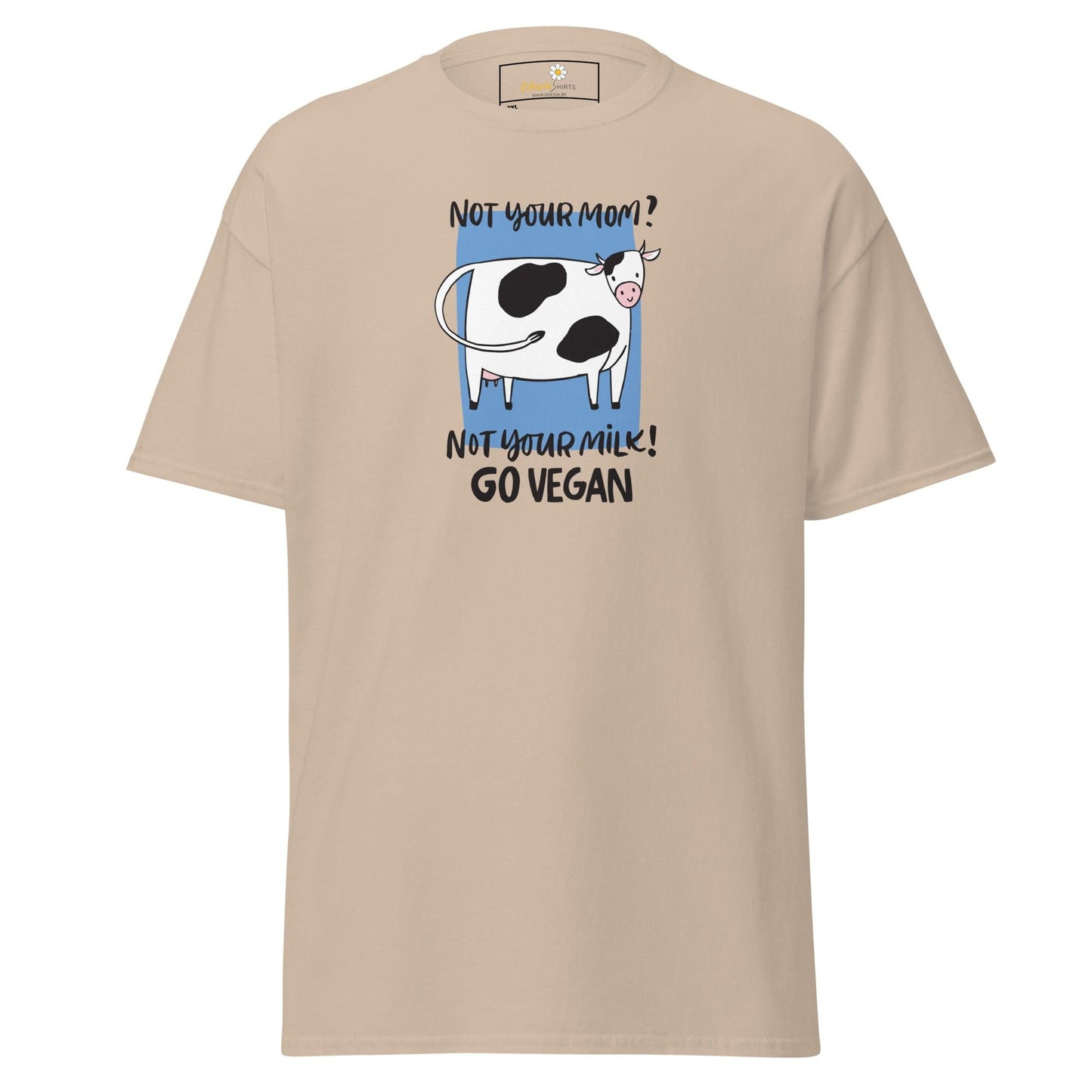 Beige t-shirt with cow graphic.