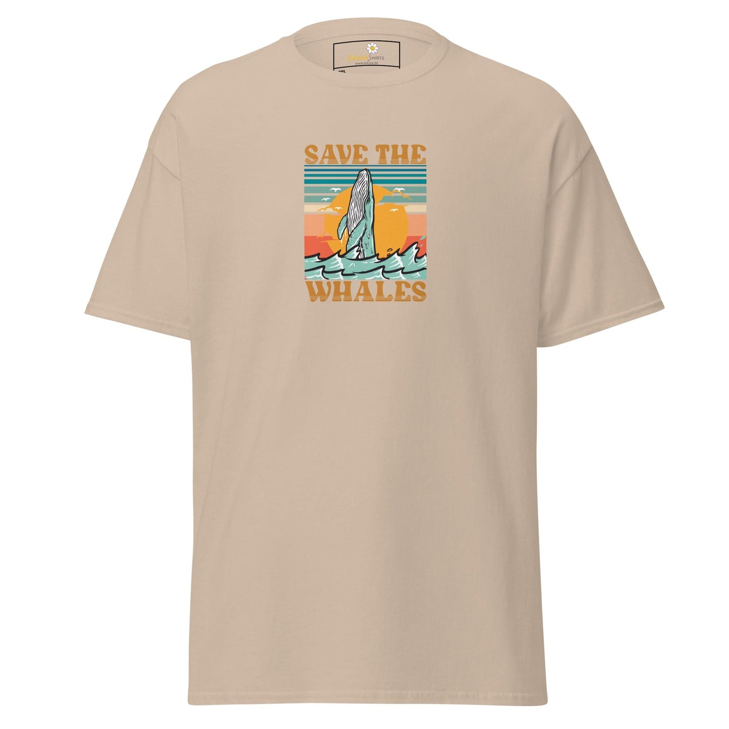Beige T-shirt featuring whale graphic for men and women in 2XL to 5XL sizes