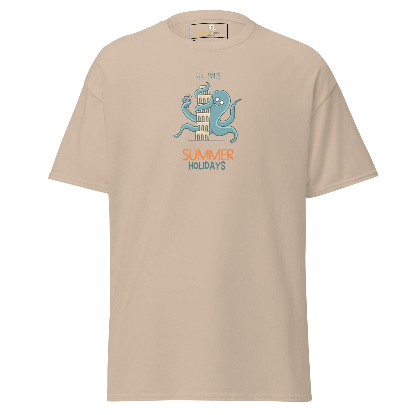 Beige t-shirt with octopus graphic.