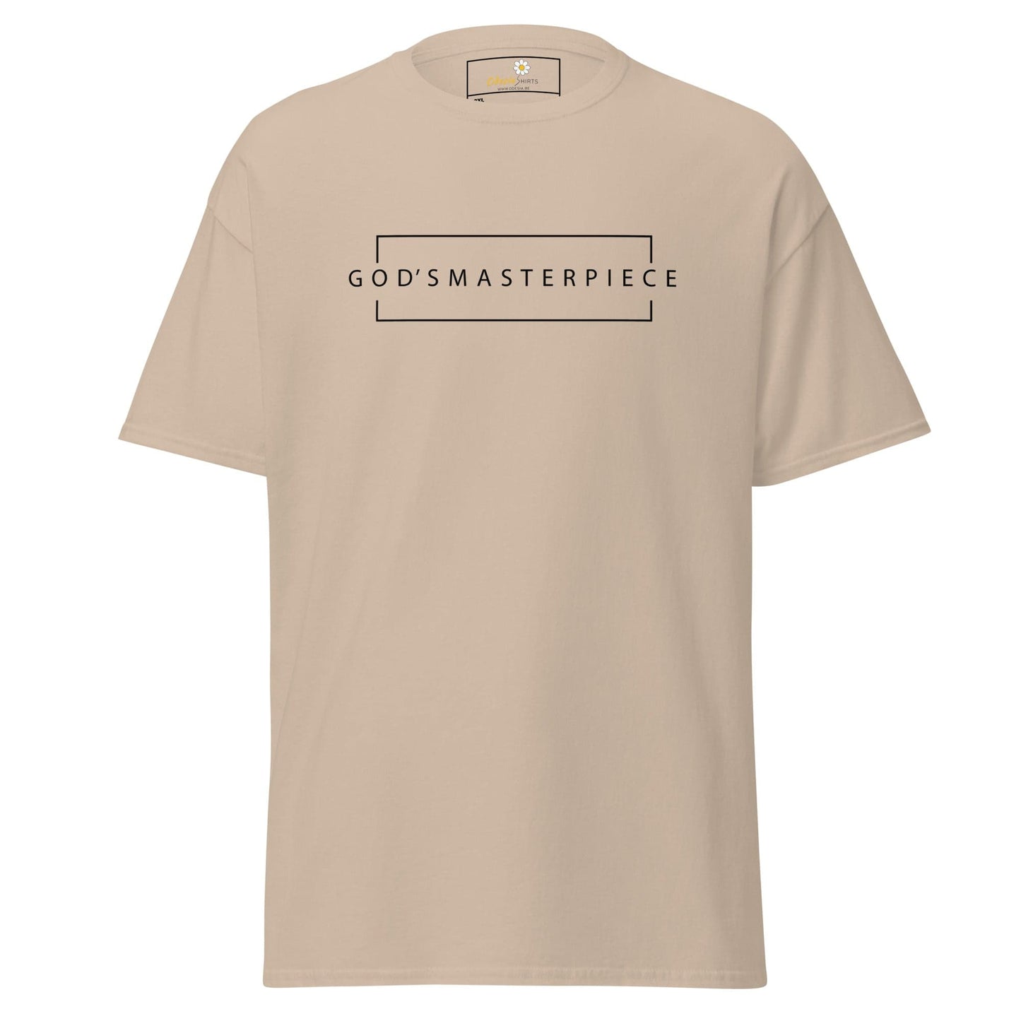 Beige t-shirt with a rectangular design.