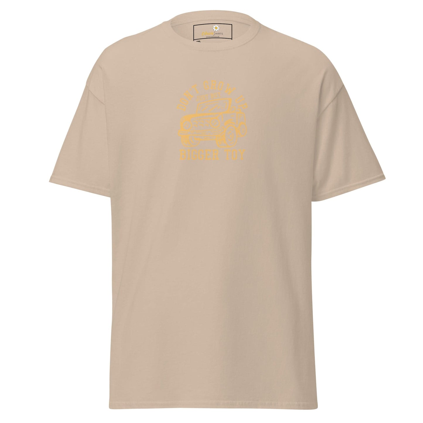 Beige t-shirt with graphic.