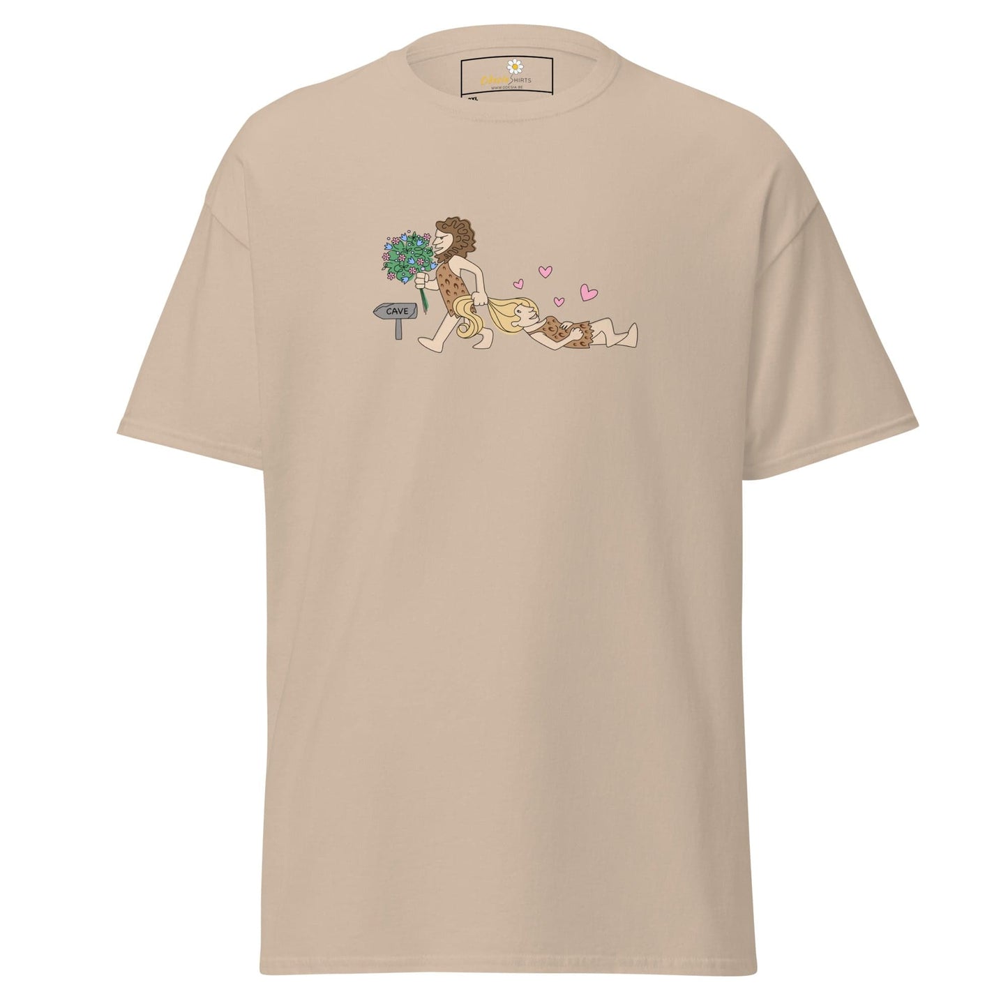 Beige T-shirt with caveman graphic for men and women in 2XL to 5XL sizes