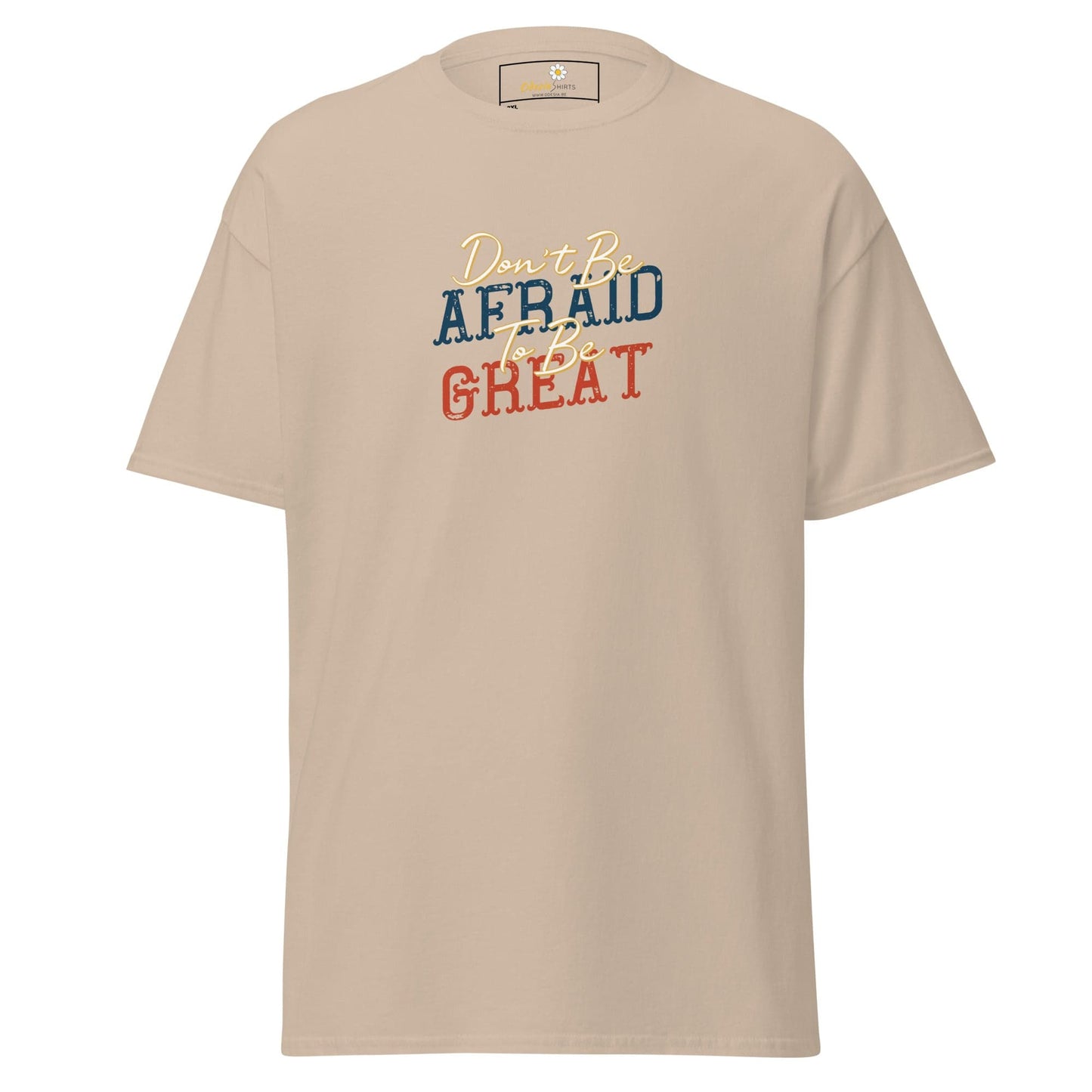 Beige men’s and women’s T-shirt with inspirational text in 2XL to 5XL sizes