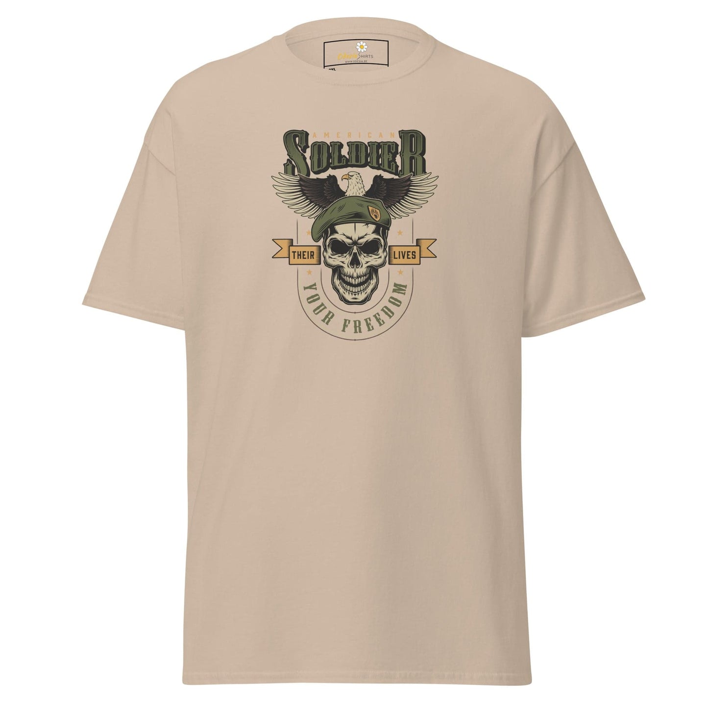 Beige T-shirt with soldier skull graphic, available in 2XL to 5XL for men and women