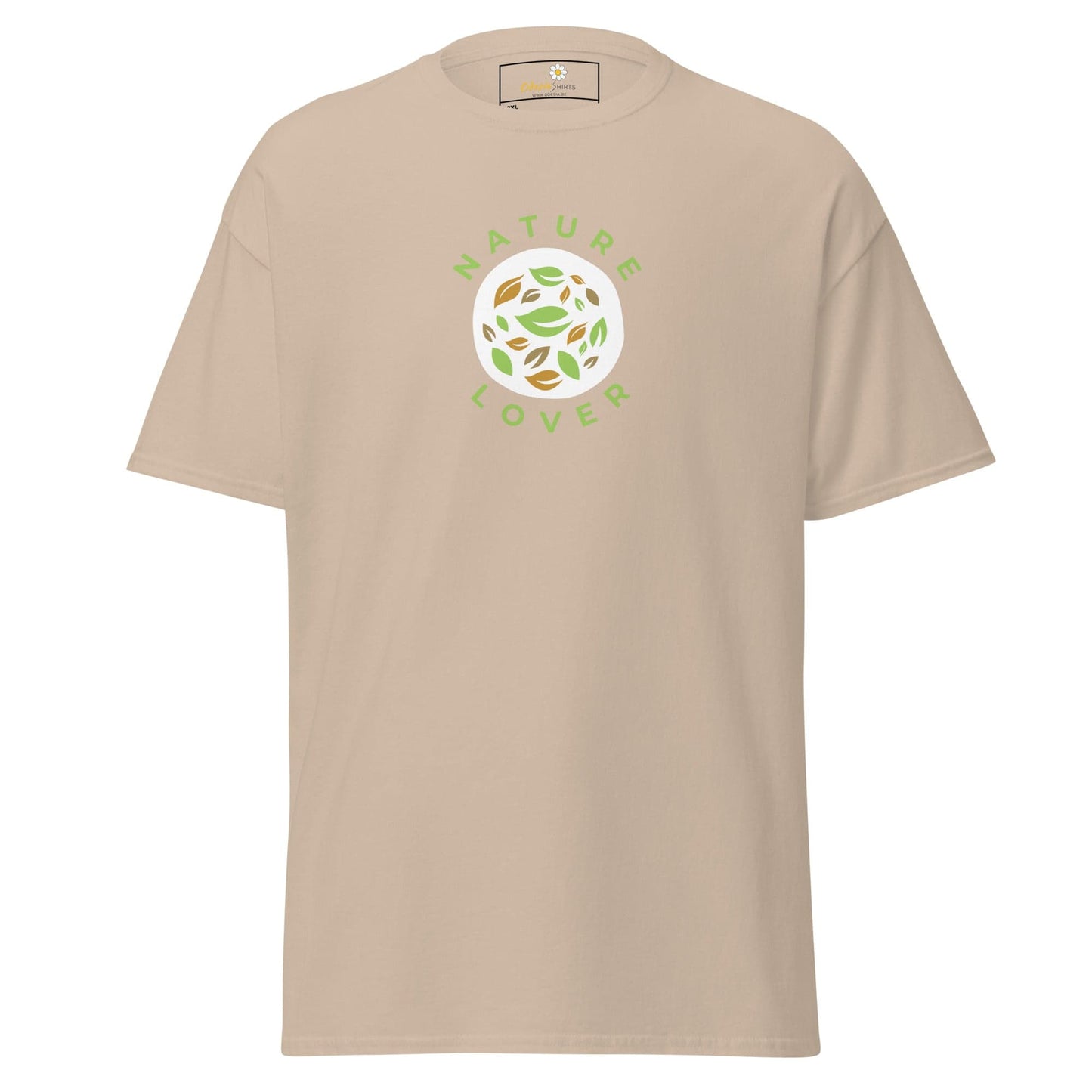 Beige t-shirt with nature-themed graphic.