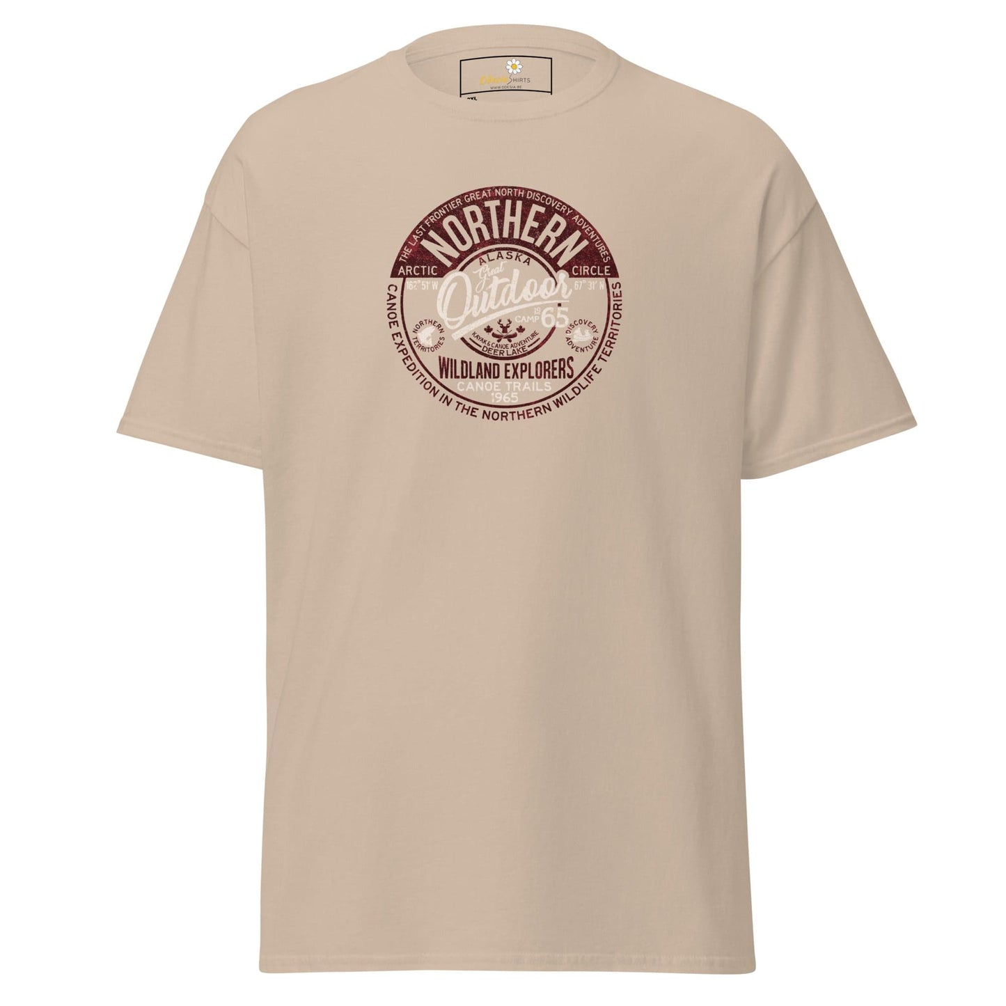 Beige t-shirt with circular graphic.