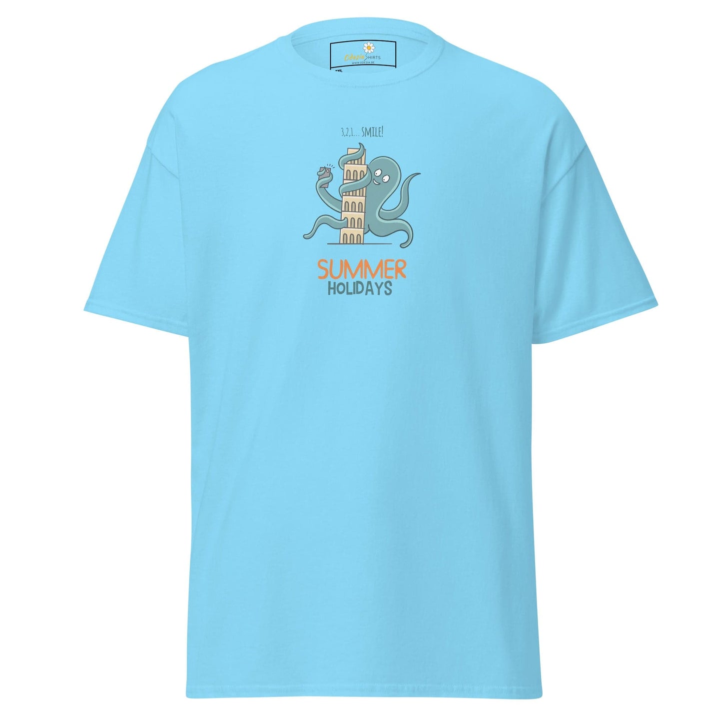 Light blue t-shirt.