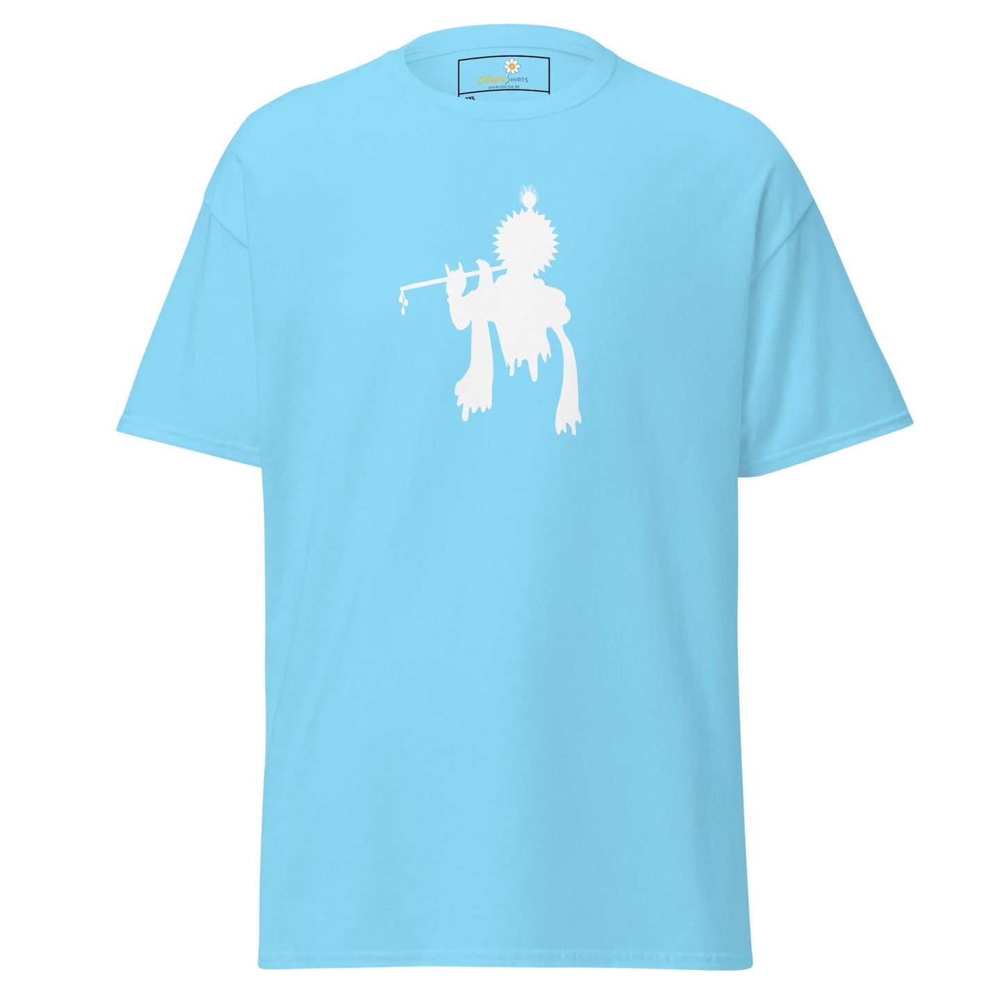 Light blue T-shirt with white Krishna graphic for men and women in 2XL to 5XL sizes