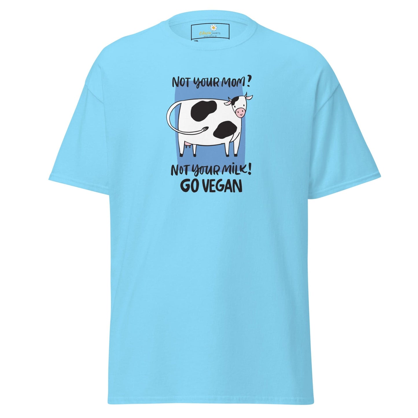 Light blue t-shirt with a cow graphic.