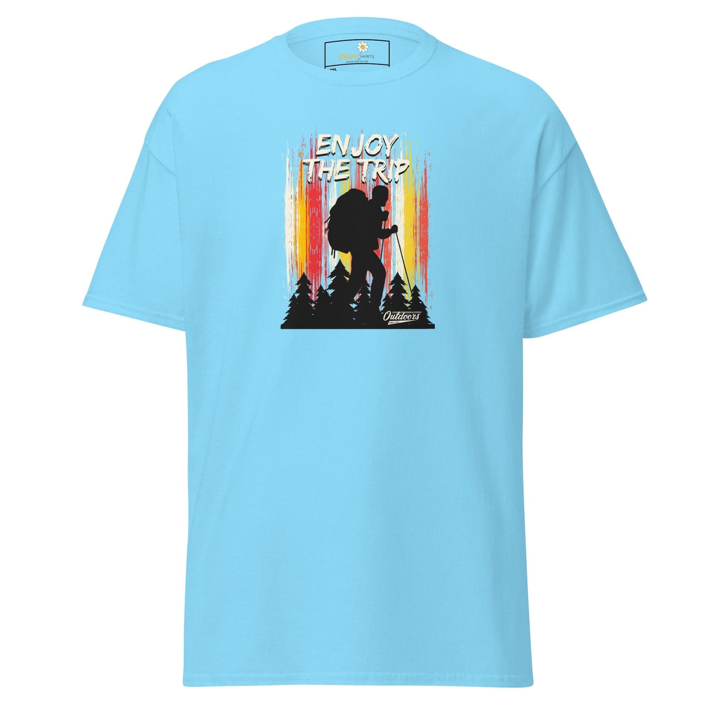 Light blue t-shirt with hiker graphic.
