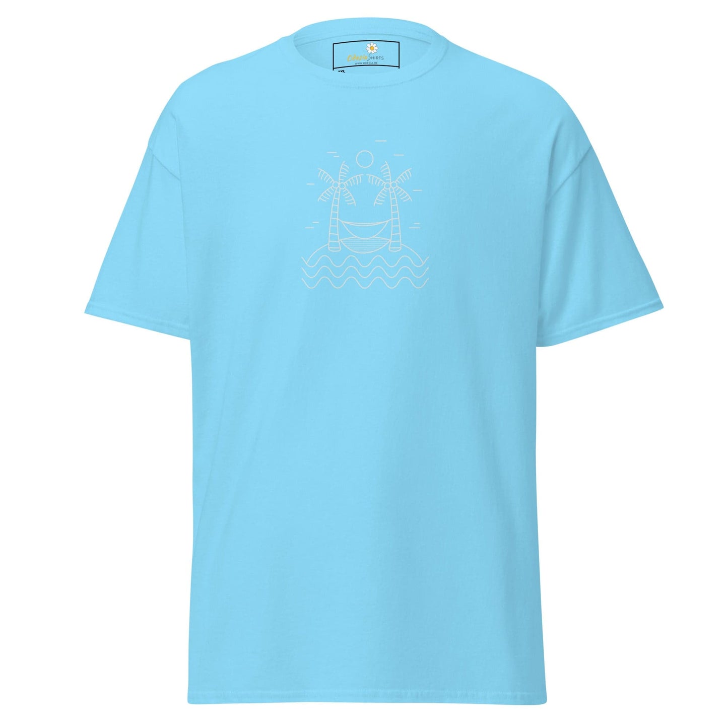 Light blue T-shirt with white design, available in large sizes for men and women
