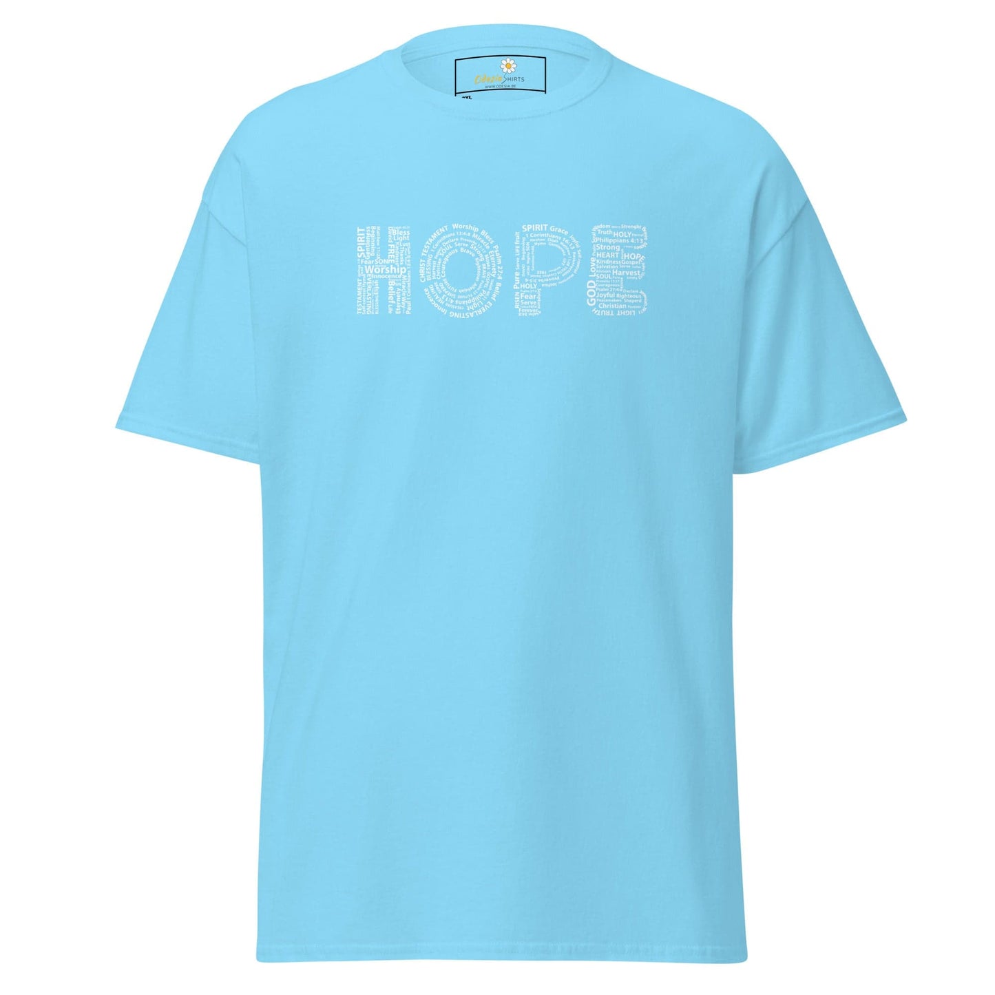 Light blue t-shirt with ’HOPE’ design.