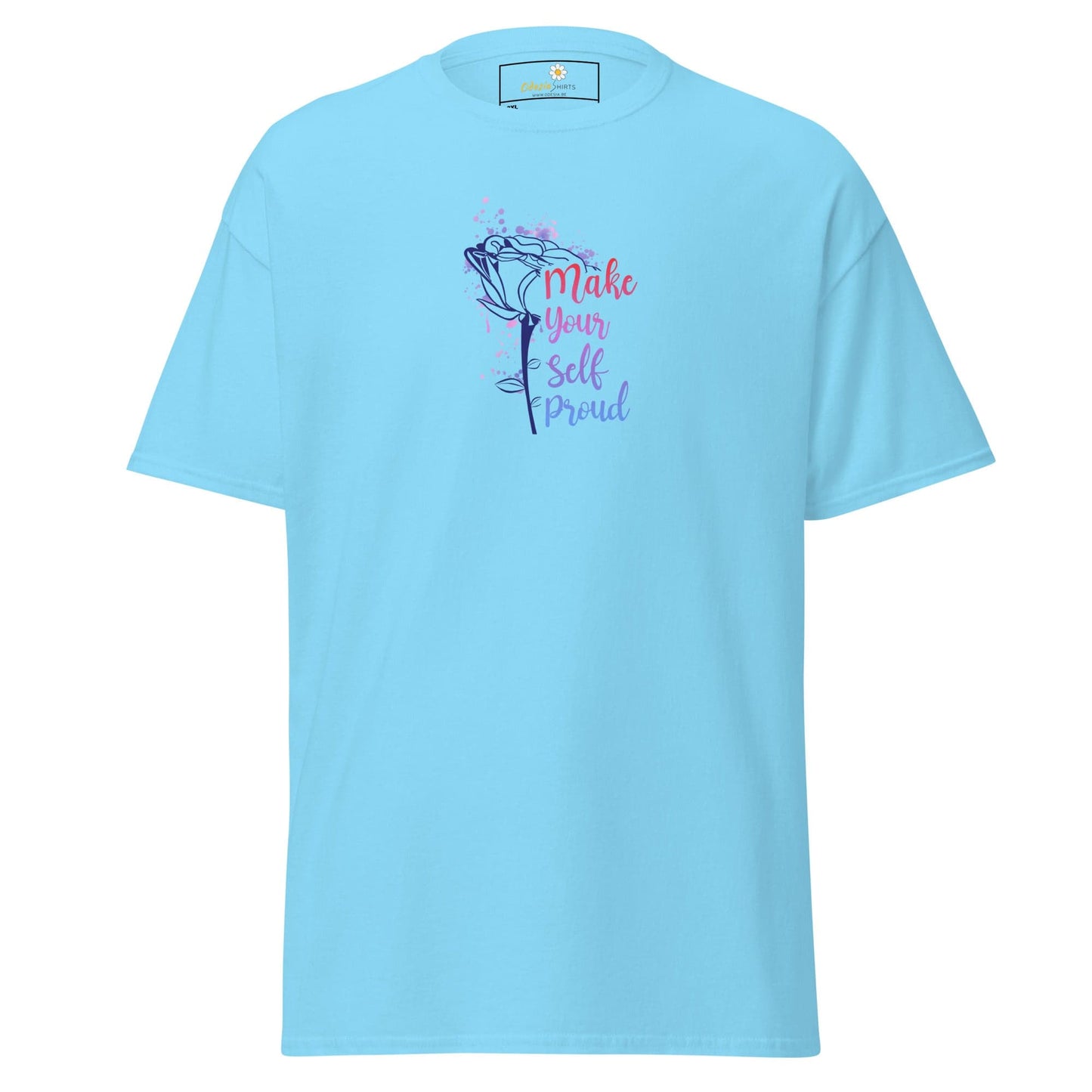 Light blue men’s and women’s T-shirt featuring a rose graphic and text design in 2XL to 5XL sizes
