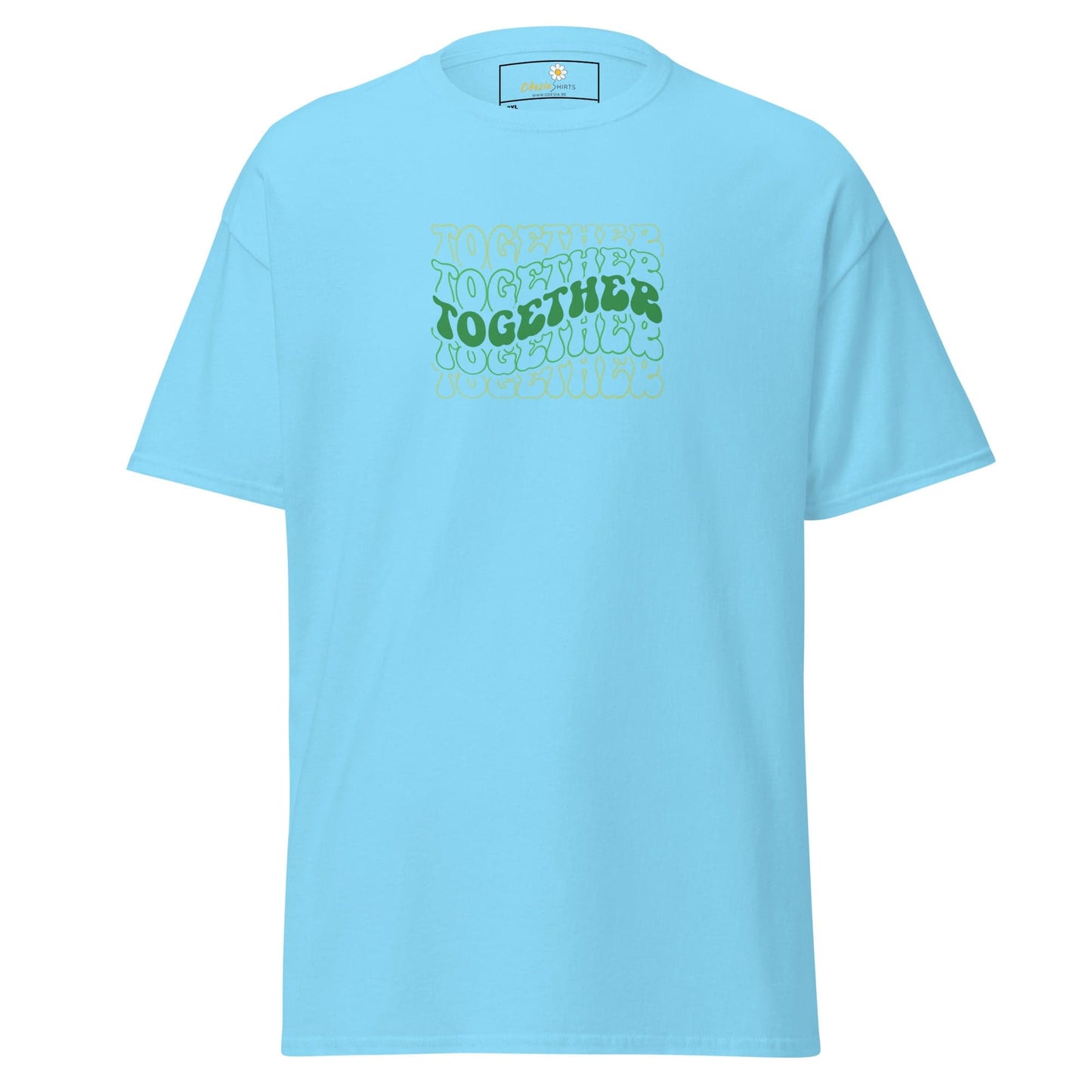 Light blue T-shirt with green text display in T-SHIRT DESIGN TEE for Men and Women
