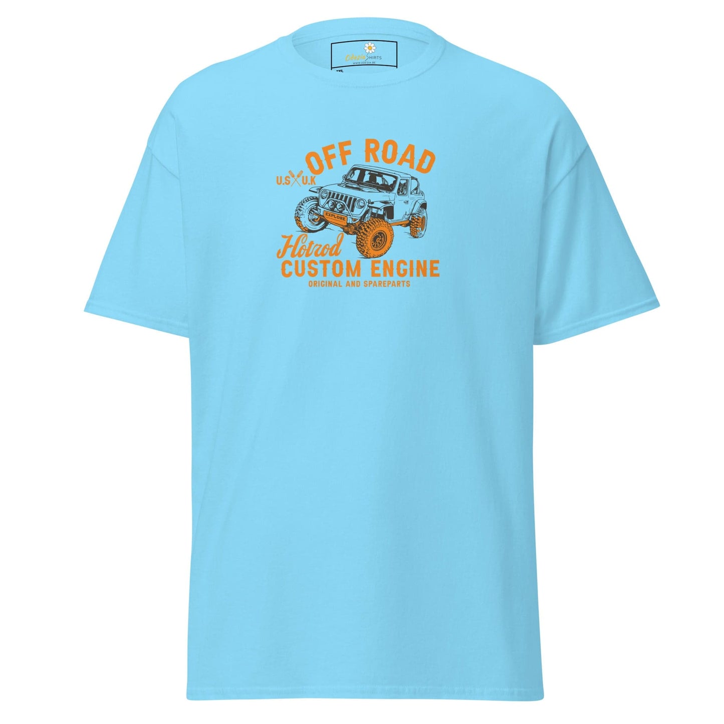 Light blue t-shirt with off-road vehicle graphic.