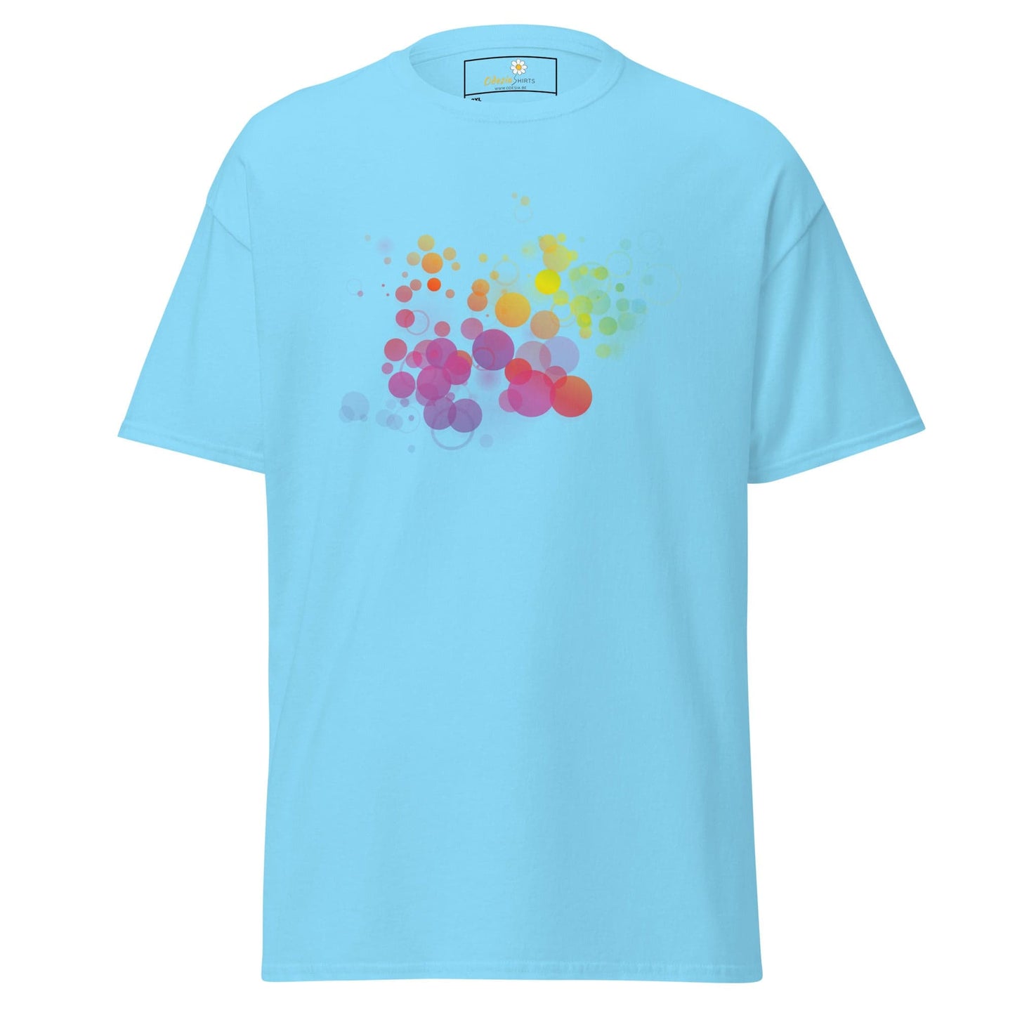 Light blue T-shirt with colorful bubble design for Men and Women in 2XL to 5XL sizes