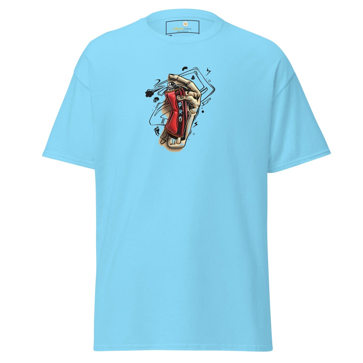 Light blue t-shirt with graphic.