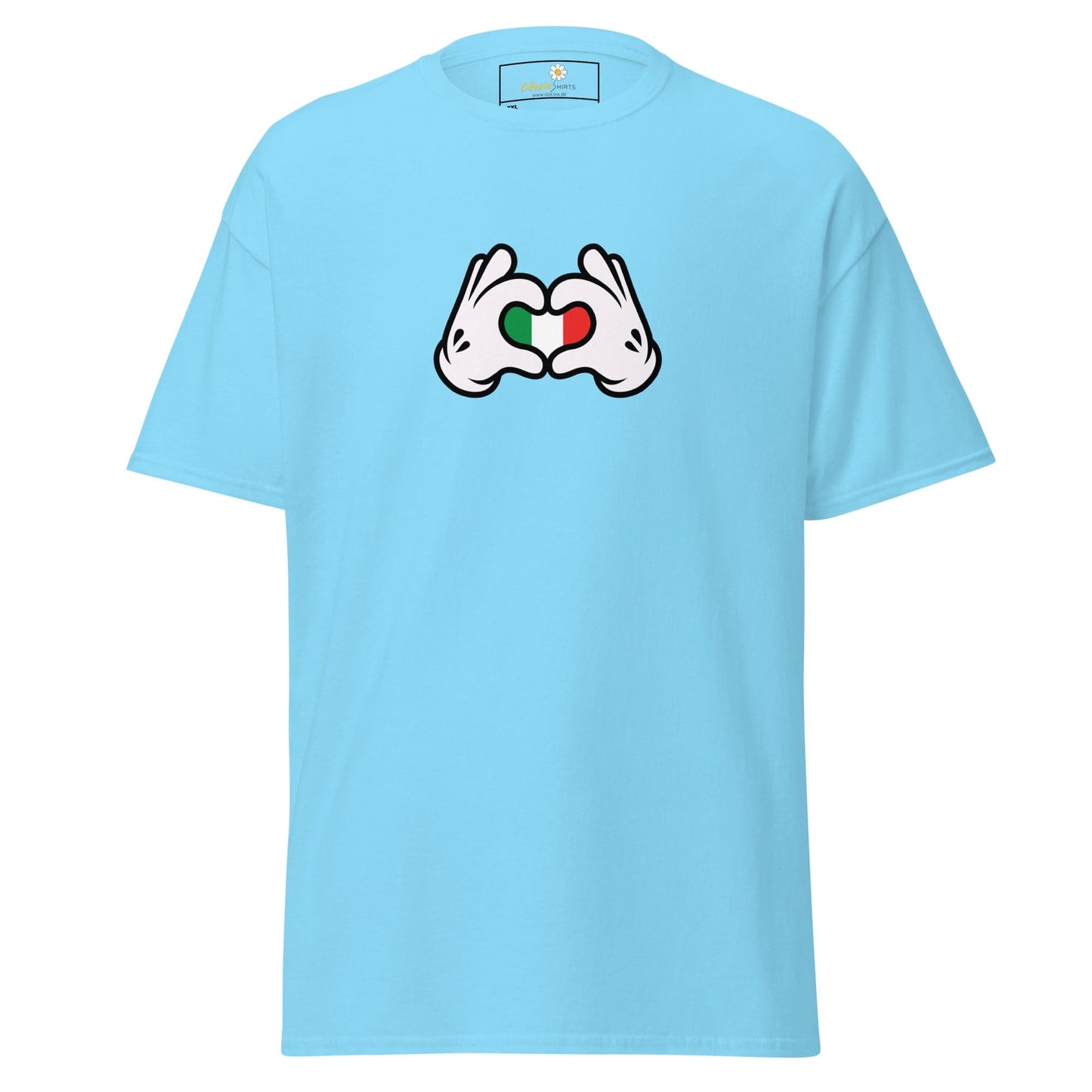 Light blue t-shirt with cartoon hands forming a heart with the Italian flag.
