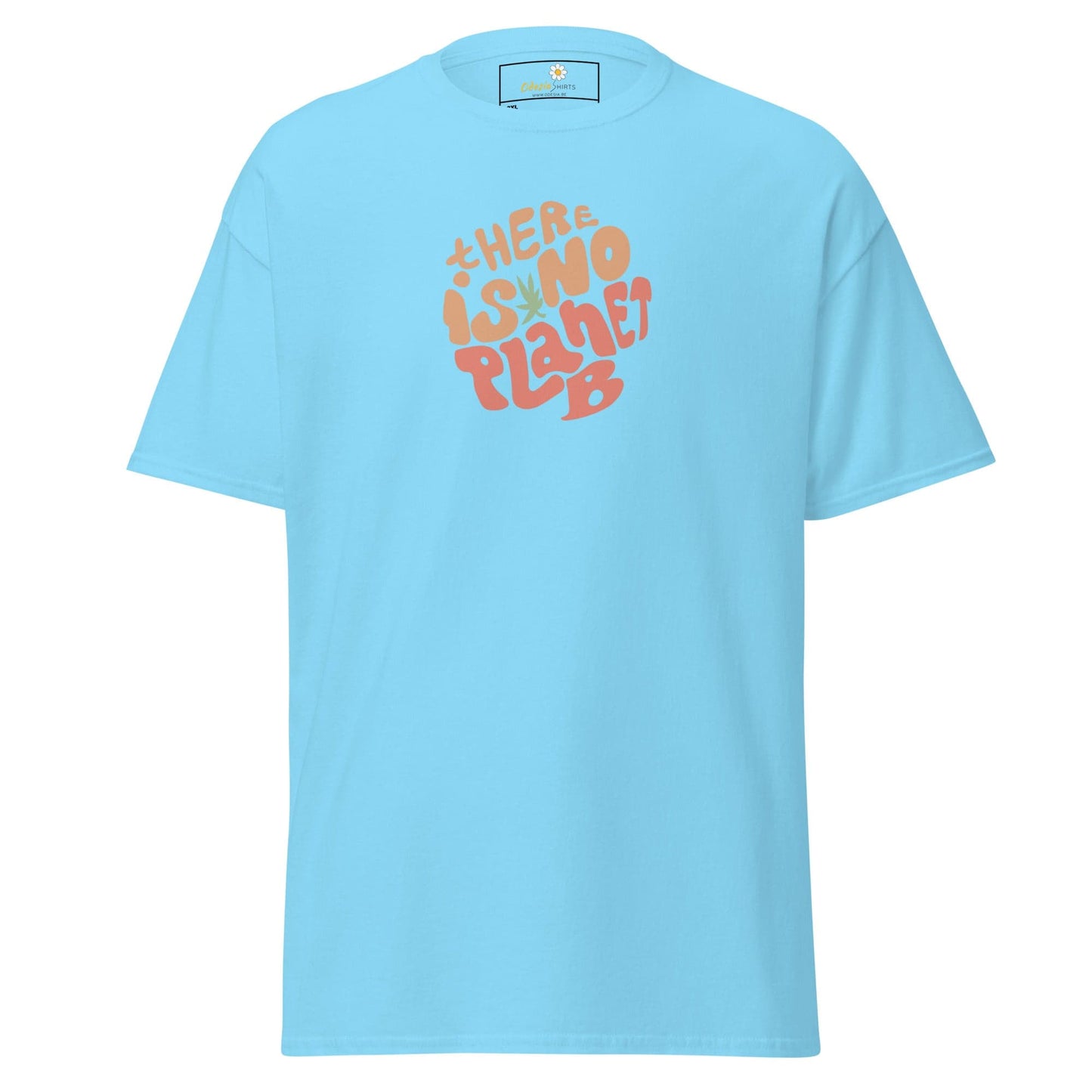 Light blue t-shirt with ’There is no planet B’ graphic.
