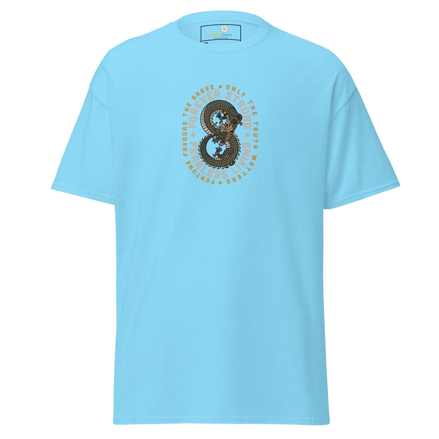 Light blue t-shirt with dragon design.
