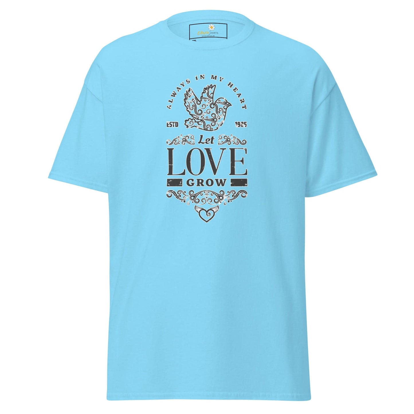 Light blue T-shirt with graphic design for men and women, available in 2XL to 5XL sizes