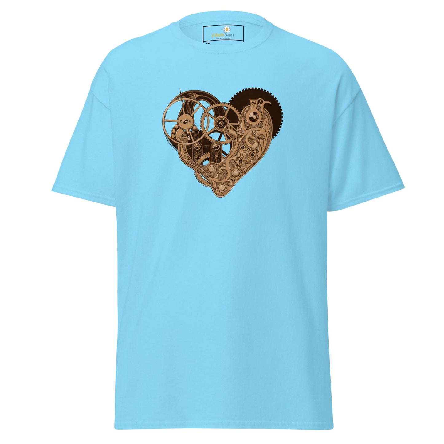 Light blue T-shirt featuring a heart-shaped gear design for men and women in sizes 2XL to 5XL