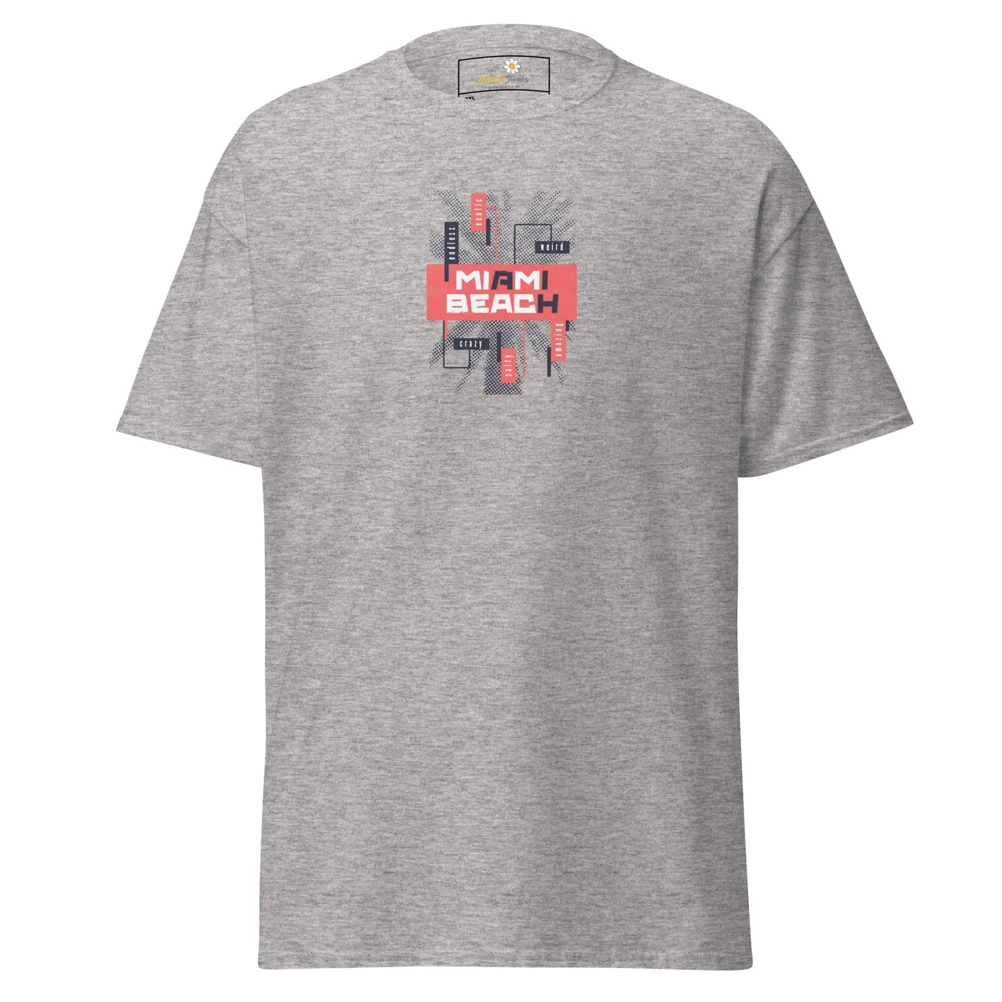 Gray T-Shirt with Miami Beach graphic, ideal for men and women in sizes 2XL to 5XL