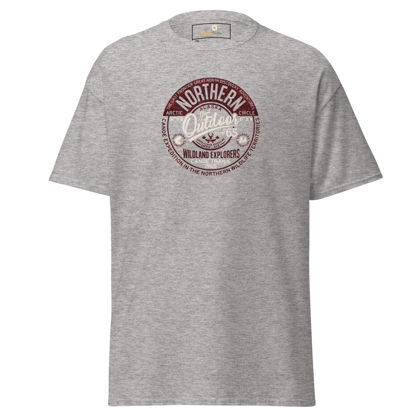 Gray t-shirt with a circular graphic.