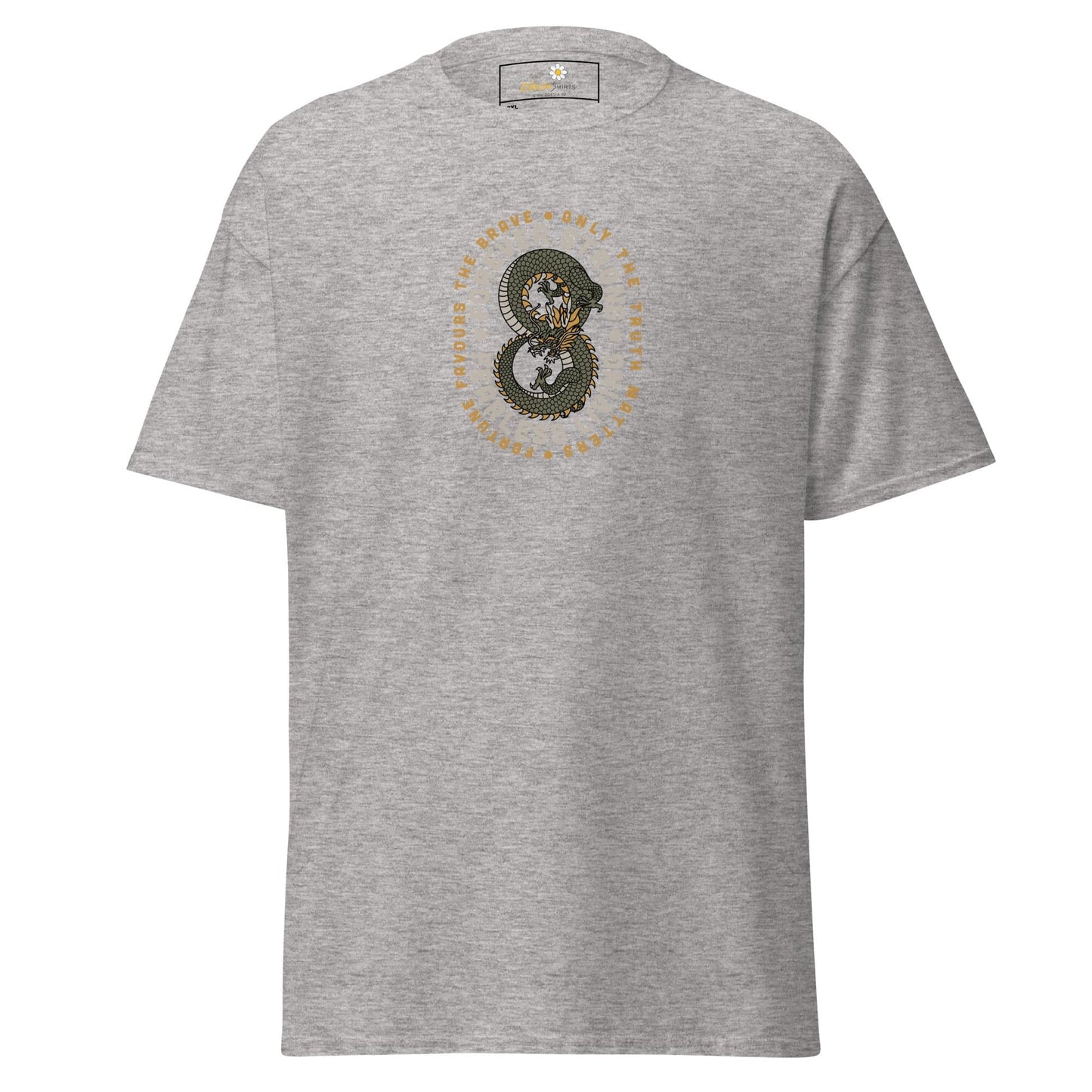 Gray t-shirt with dragon design.