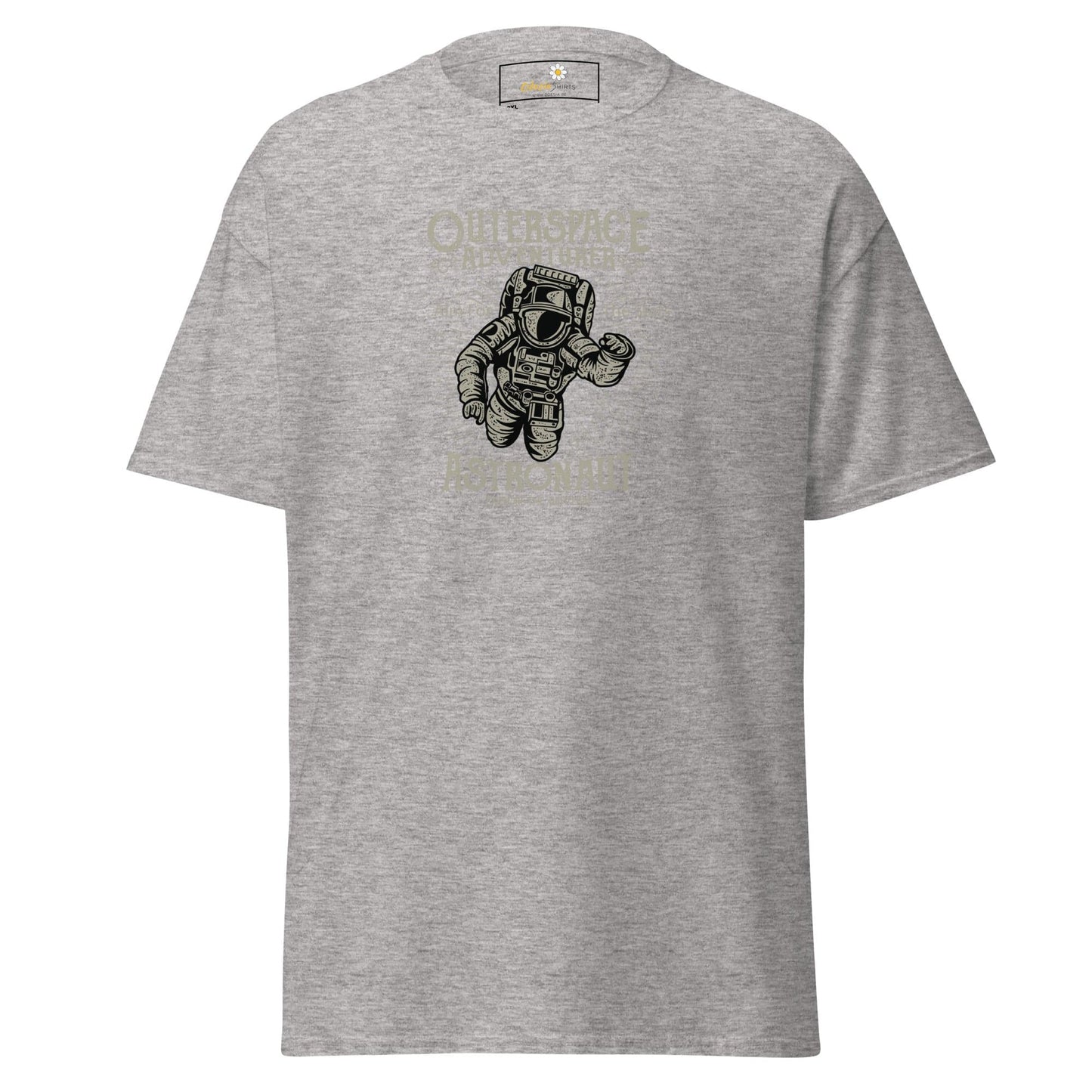 Gray t-shirt with astronaut graphic.