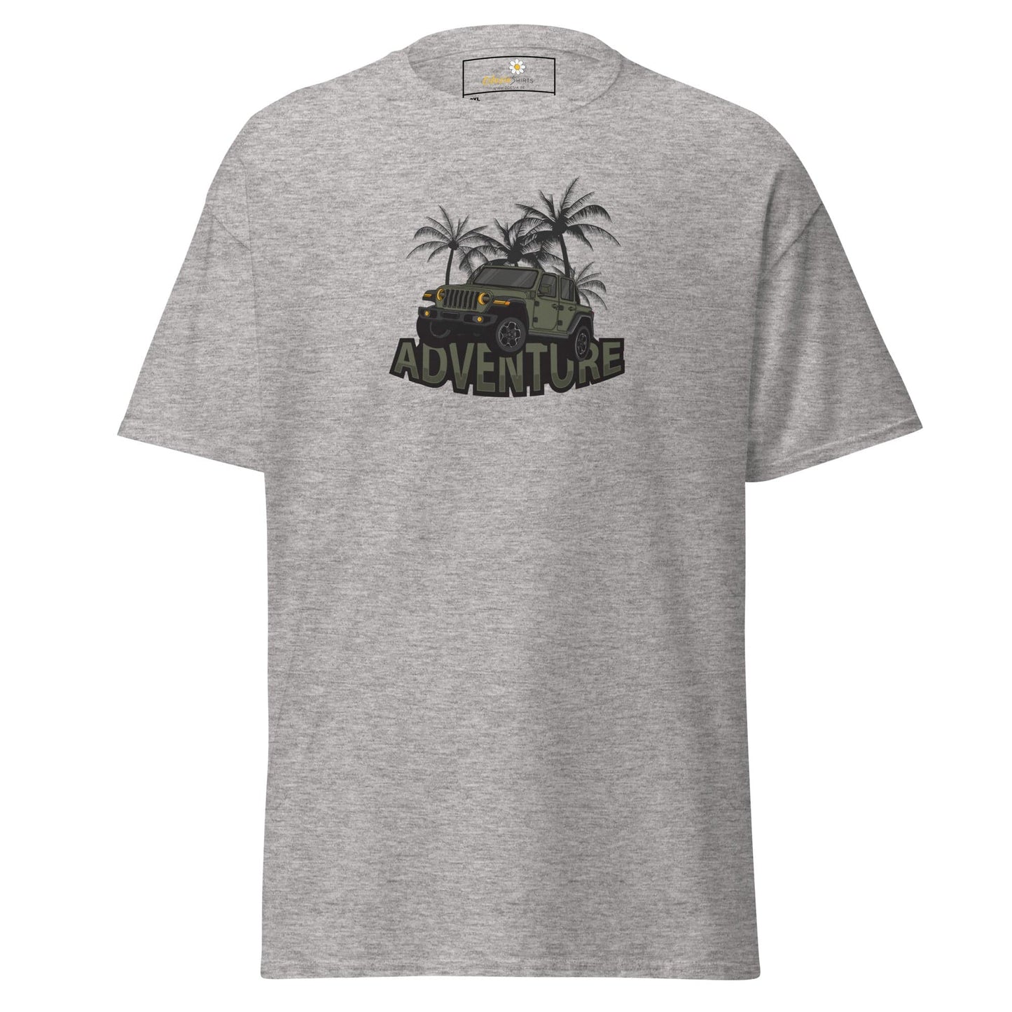 Gray T-shirt with adventure Jeep design for Men and Women in sizes 2XL to 5XL