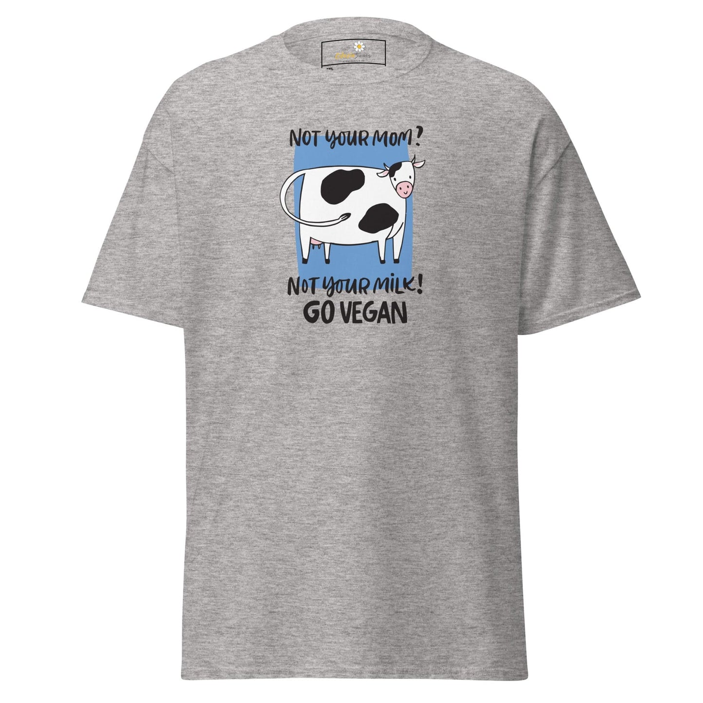 Gray t-shirt with a cow graphic.