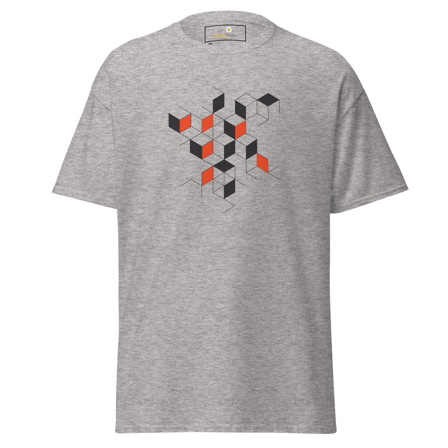 Gray T-shirt featuring a geometric cube design for men and women in 2XL to 5XL sizes