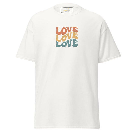 White t-shirt with ’LOVE’ graphic.