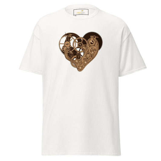 White T-shirt with steampunk heart design available in Men and Women sizes 2XL to 5XL